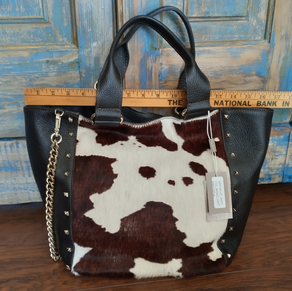 NWT! Pulicati calf hair & brown leather soft slouchy tote, studs, chain strap - Picture 6 of 6